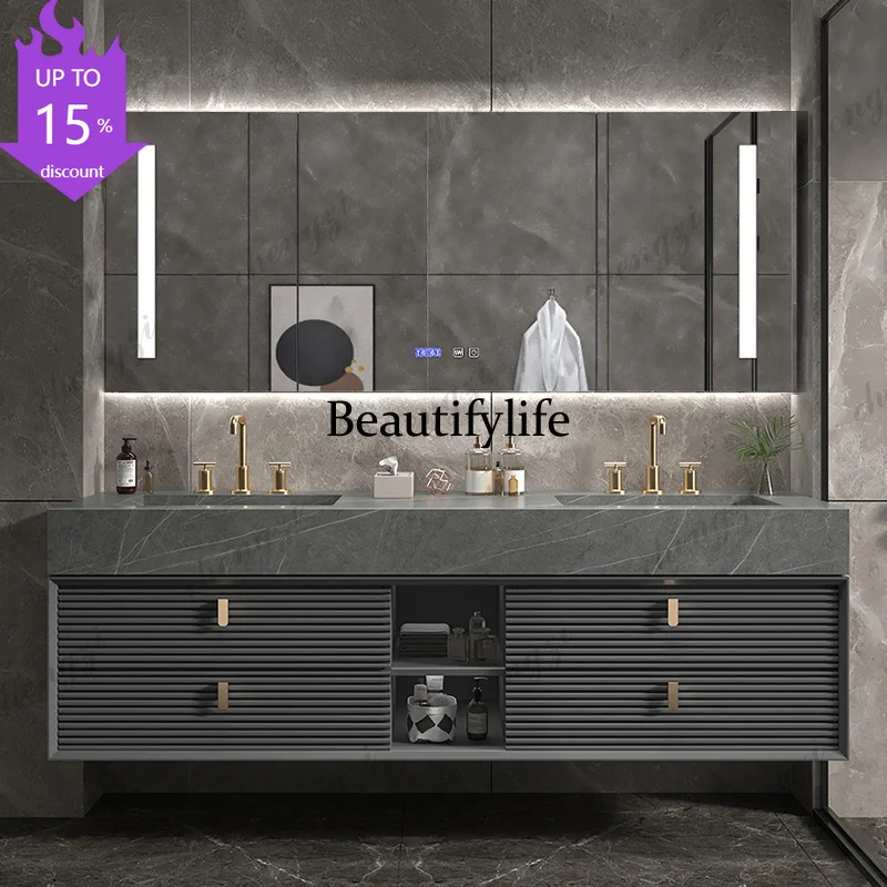 

M182 Light Luxury Modern Slate Kit Bathroom Mirror Lamp Cabinet Sink Faucet One-piece Double Basin Oak Combination Solid Wood Wa