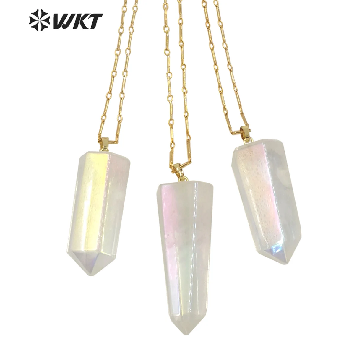 WT-N1390 Amazing Healing Aura Crystal Quartz Point Necklace Simple Hoop Angel Color Stone Hexagona In Gold Decoration