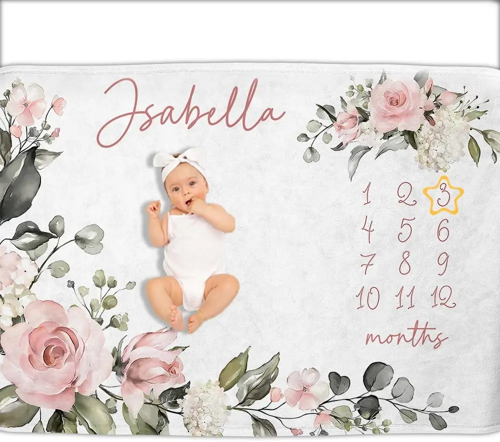 VIKAMA Personalized Monthly Baby Growth Memorial Blanket Baby Month Photography Blanket Newborn Gift