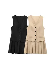 Women's V-Neck Sleeveless Pleated Mini Dress Fashion Front Button Female Vestidos Mujer