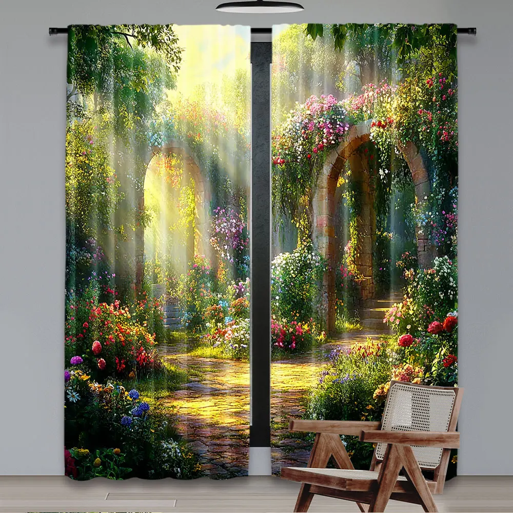 2Pcs Fairy Tale Garden Curtains Forest Flower Arches Colorful Greenery Wonderland Curtains Suitable For Living Room Apartment A