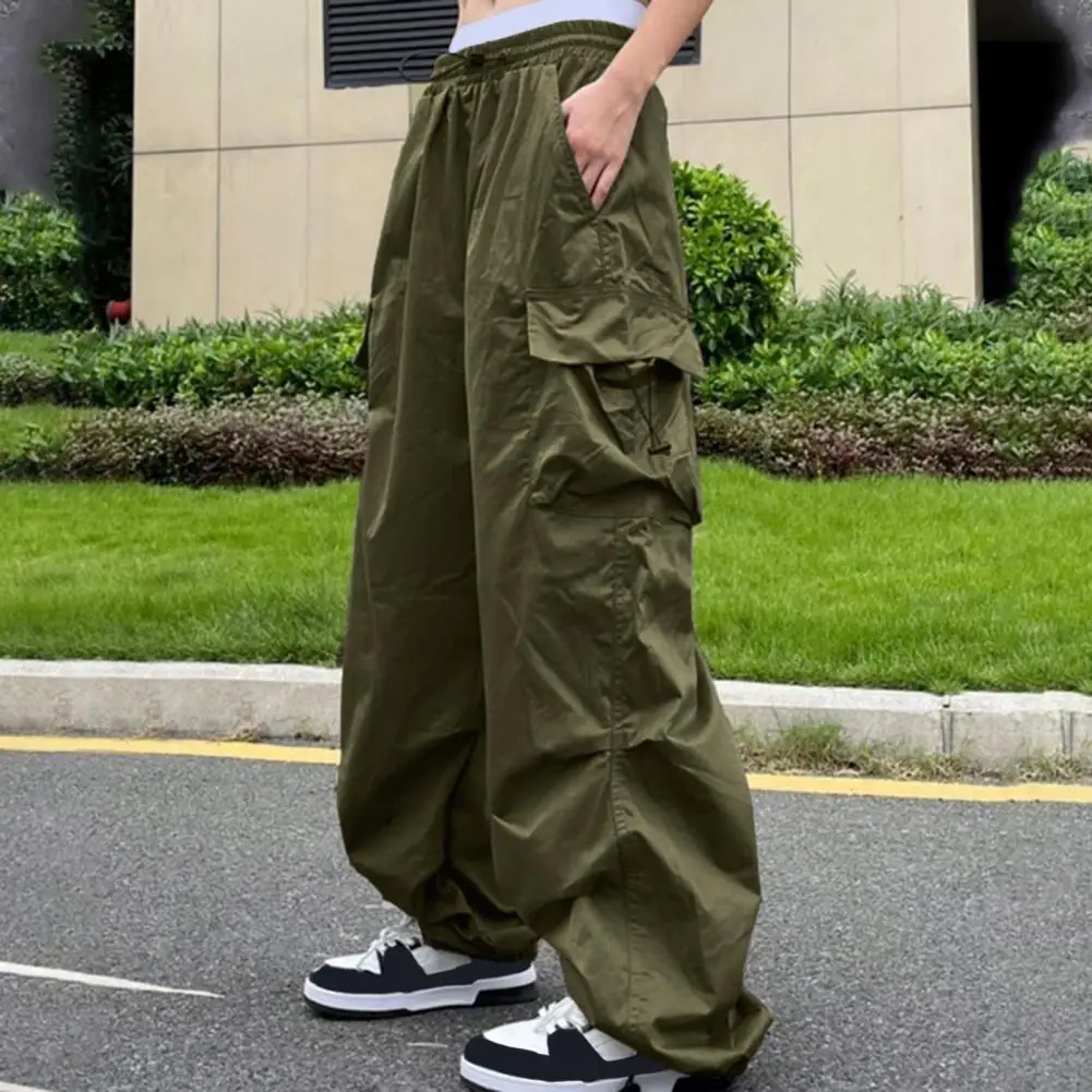 Solid Color Trousers Versatile Street Style Cargo Pants with Adjustable Drawstring Waist Multiple Pockets Wide Leg for Comfort