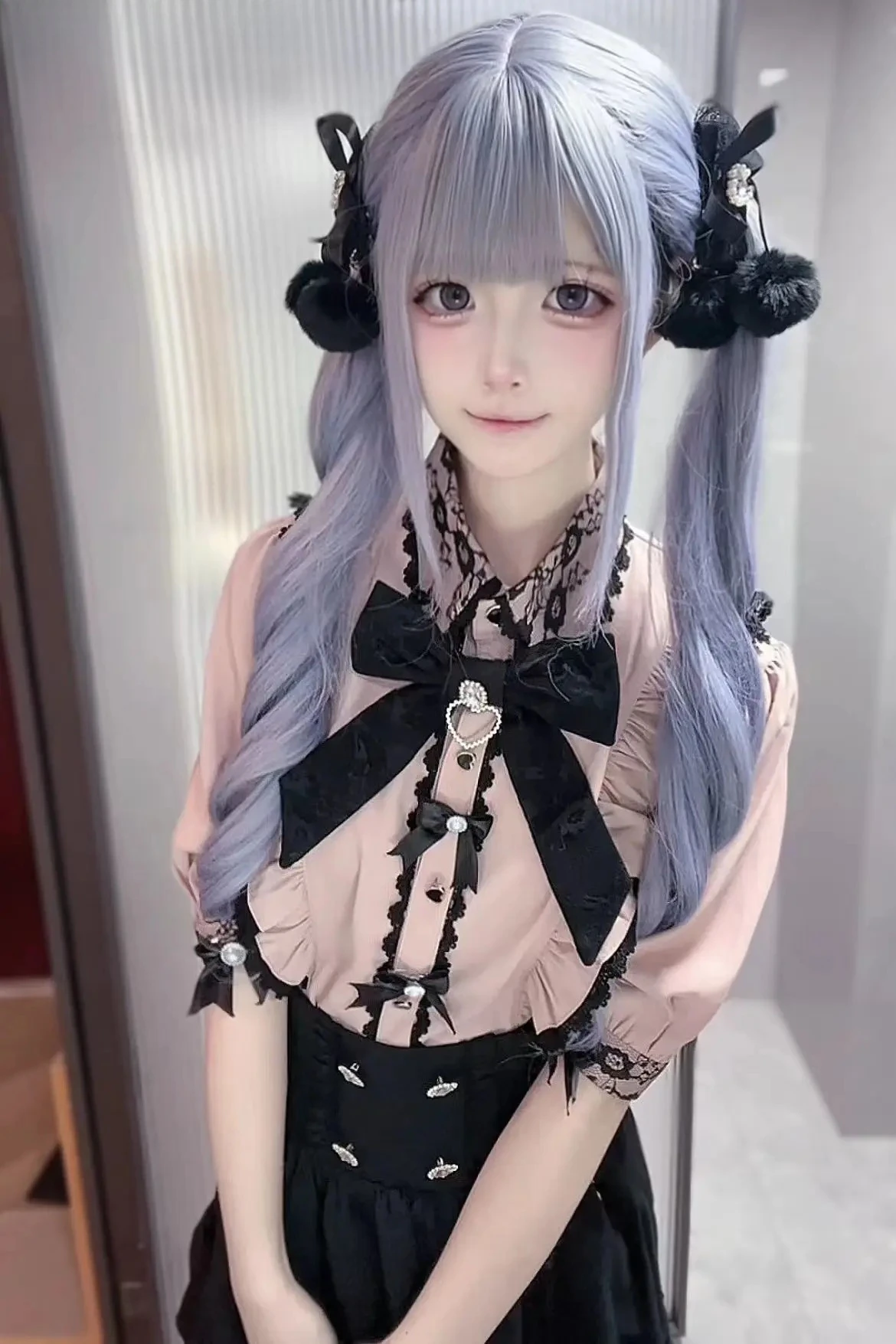 

Sweet Cute Girls Versatile Lapel Bow Top Blouse Original Mass Production Japanese Mine Lace Short Sleeve Shirt for Women