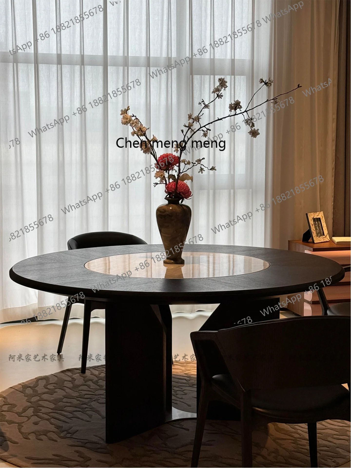 Italian Minimalist Round Art Designer Style High-End Wabi-Sabi Retro Embedded Rock Plate Turntable Solid Wood Dining Table