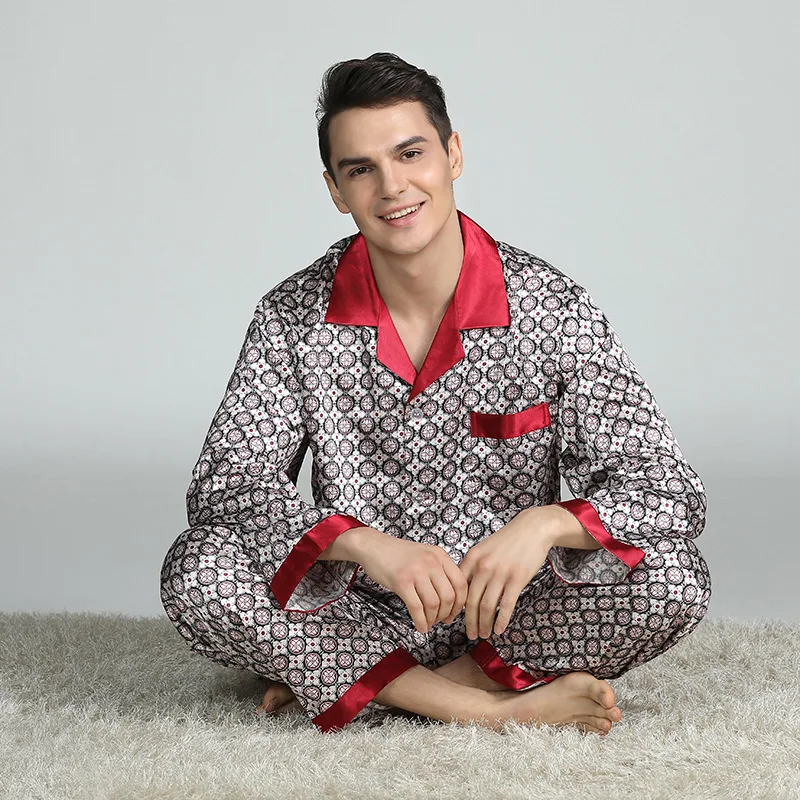 Male Pajama Set Silk Male Printed Long Sleeve Tops + Trousers Cozy Satin Soft  Pajamas Men Sleepwear Pants Suits