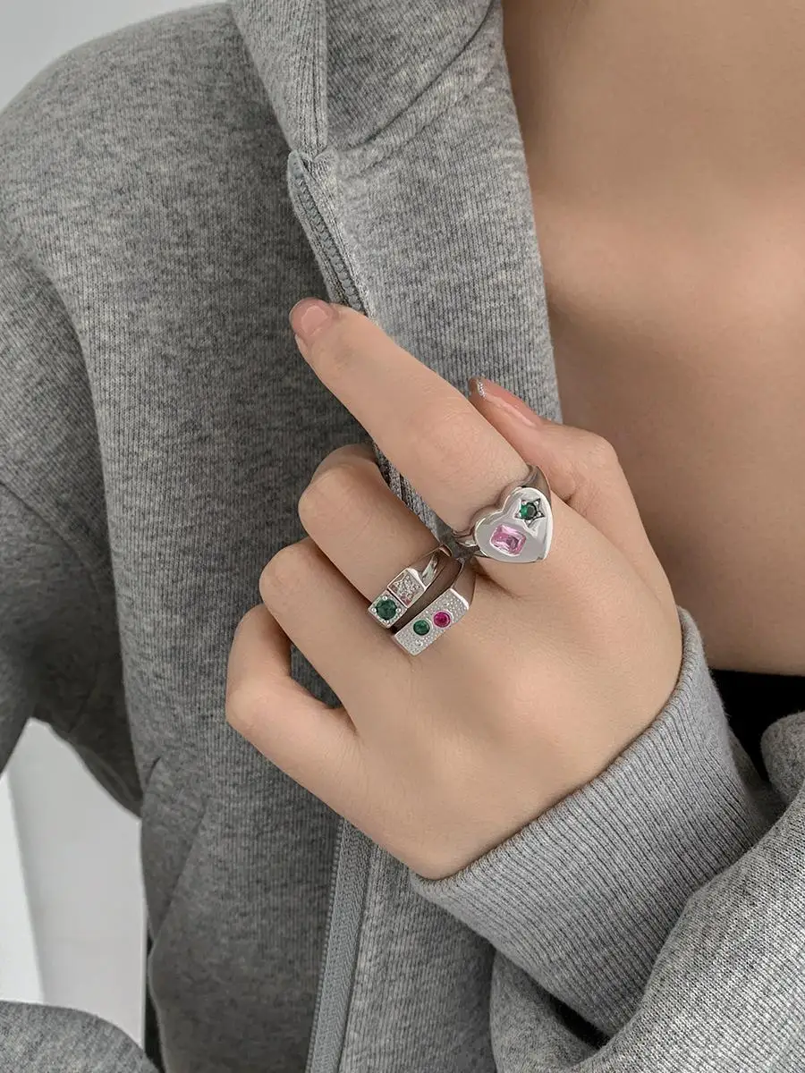 

Кольцо из серебра S925 с крупным цветным камнем для женщин, винтажное, модное, в форме сердца, открытое, трендовое, на указательный палец