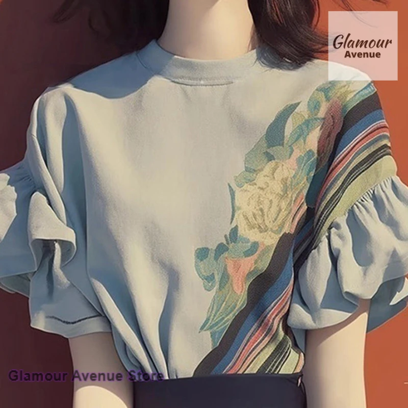 

French elegant ruffled shirt women's short sleeve T-shirt summer new fashion loose round neck shirt temperament thin shirt.