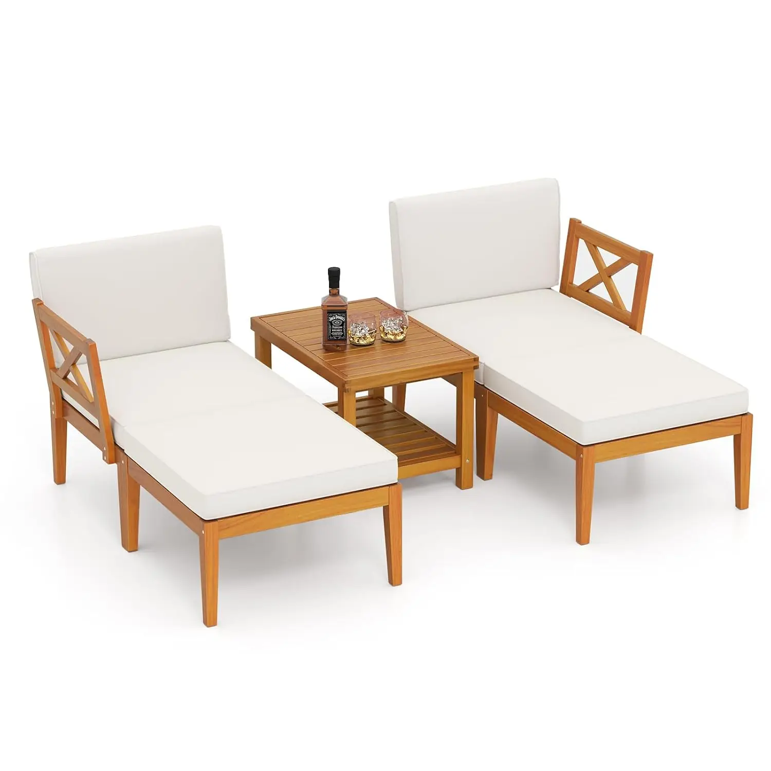 

5pc Acacia Wood Chaise Lounge Set Ottoman Cushion 2-Tier Coffee Table Outdoor Sectional Conversation Sofa Garden, Custom