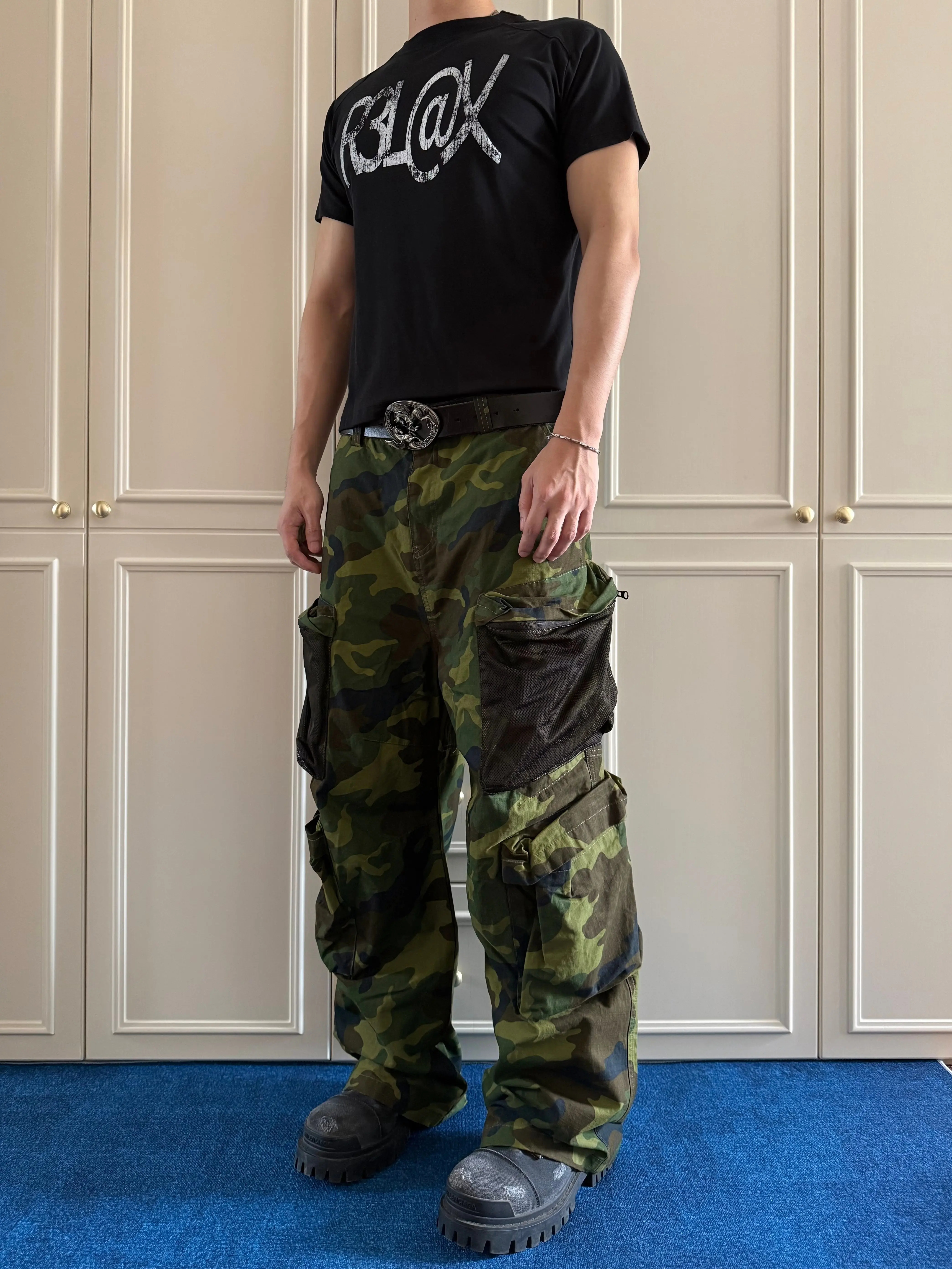 American High Street Retro Mesh Large Pocket Camouflage Gunpowder Work Pants Men Loose Straight Leg Wide Leg Lazy Casual Pants