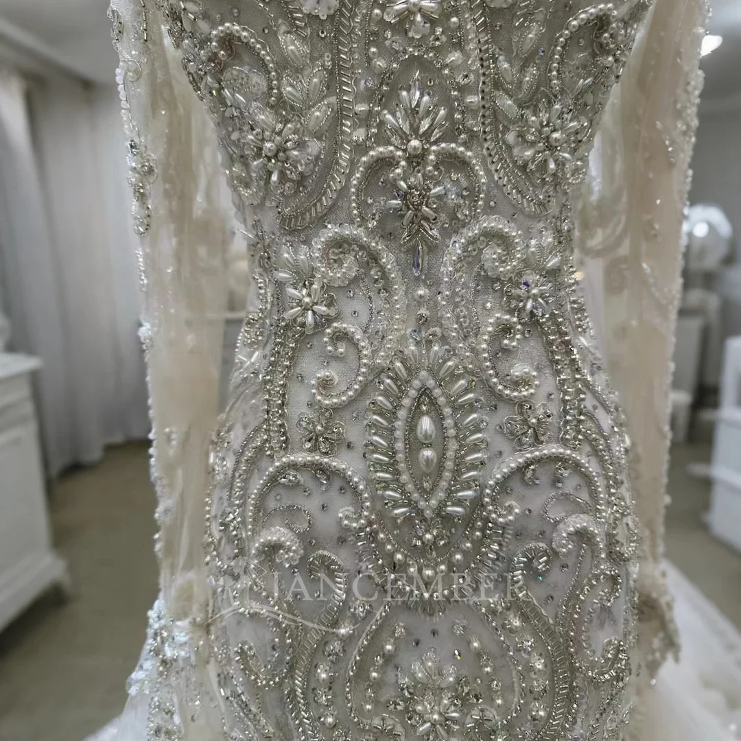 ชุดแต่งงานลดราคาพิเศษ ประดับด้วยลูกปัด แขนยาว คอวี ทรงเมอร์เมด พร้อมชายกระโปรงยาวลากพื้น สำหรับเจ้าสาว vestido femininos