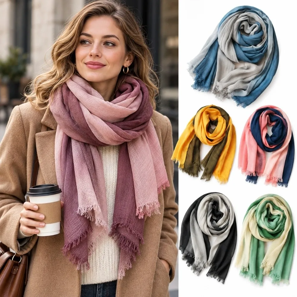 Unisex Cotton Linen Scarf Lightweight Gradient Splicing Long Soft Shawl Tassel Gradient Color Scarf For Women Ladies