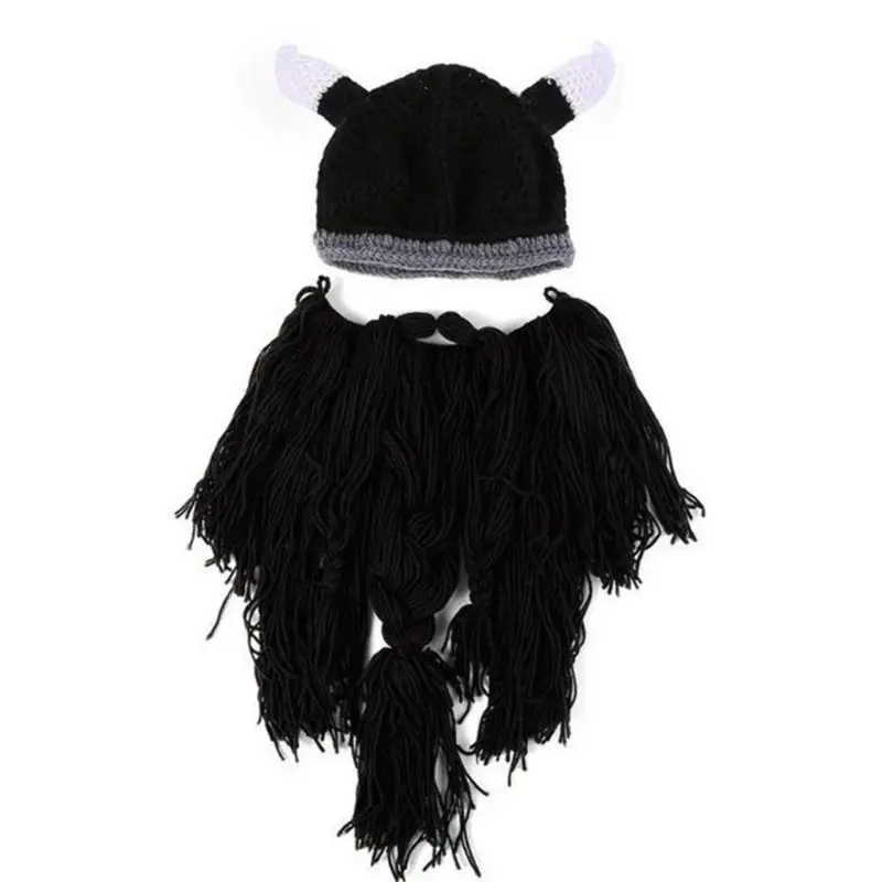 Knitted Viking Beard Horn Hat Adult Crazy Funny Halloween Cosplay Ski Mask Barbarian Vagabond Vintage Winter Beanie Cap