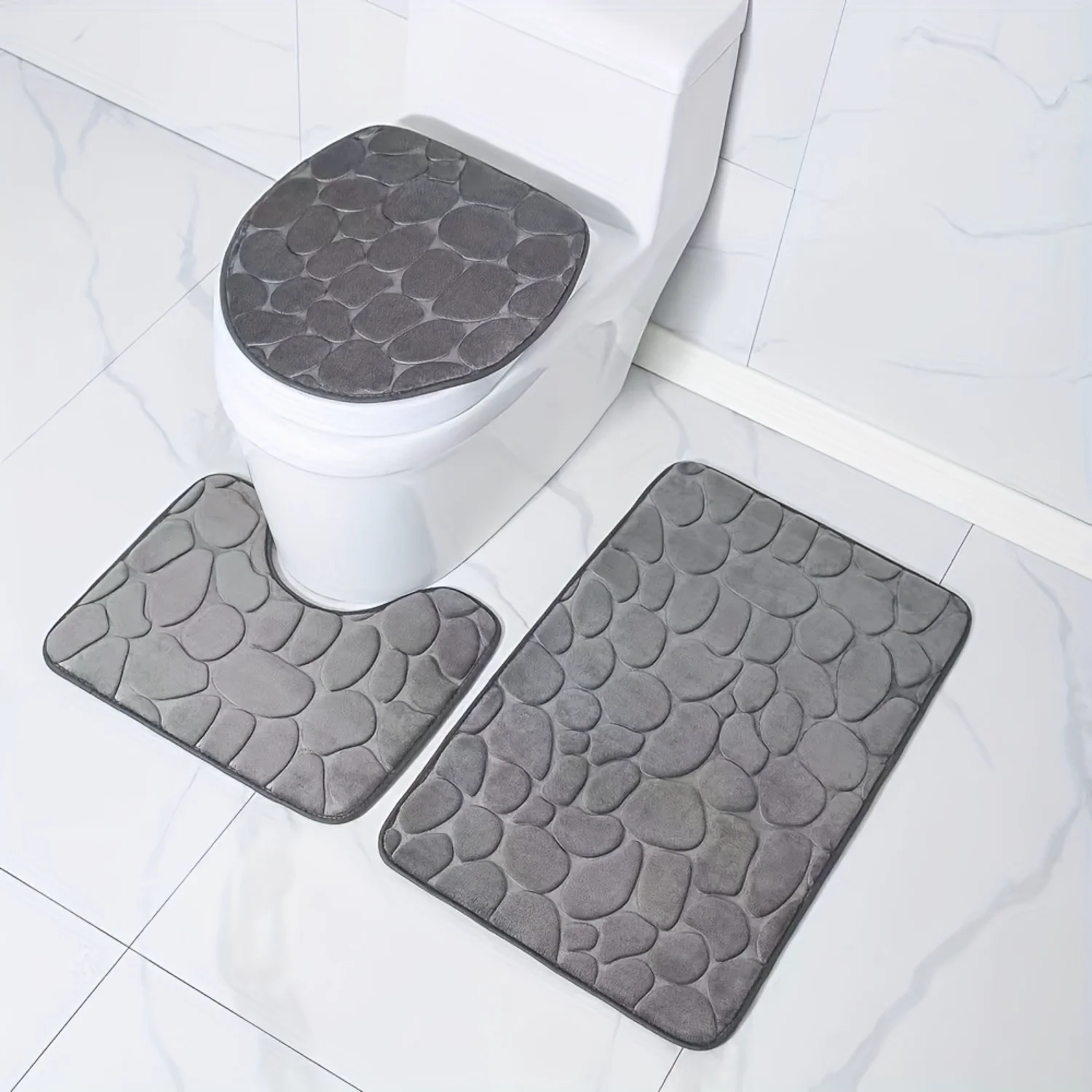 1-piece 3-piece Soft Absorbent Anti-Skid Toilet Mat Set - Cobblestone U-Shaped Mat, Bathroom Carpet, Kitchen Area Rug - Bathroom