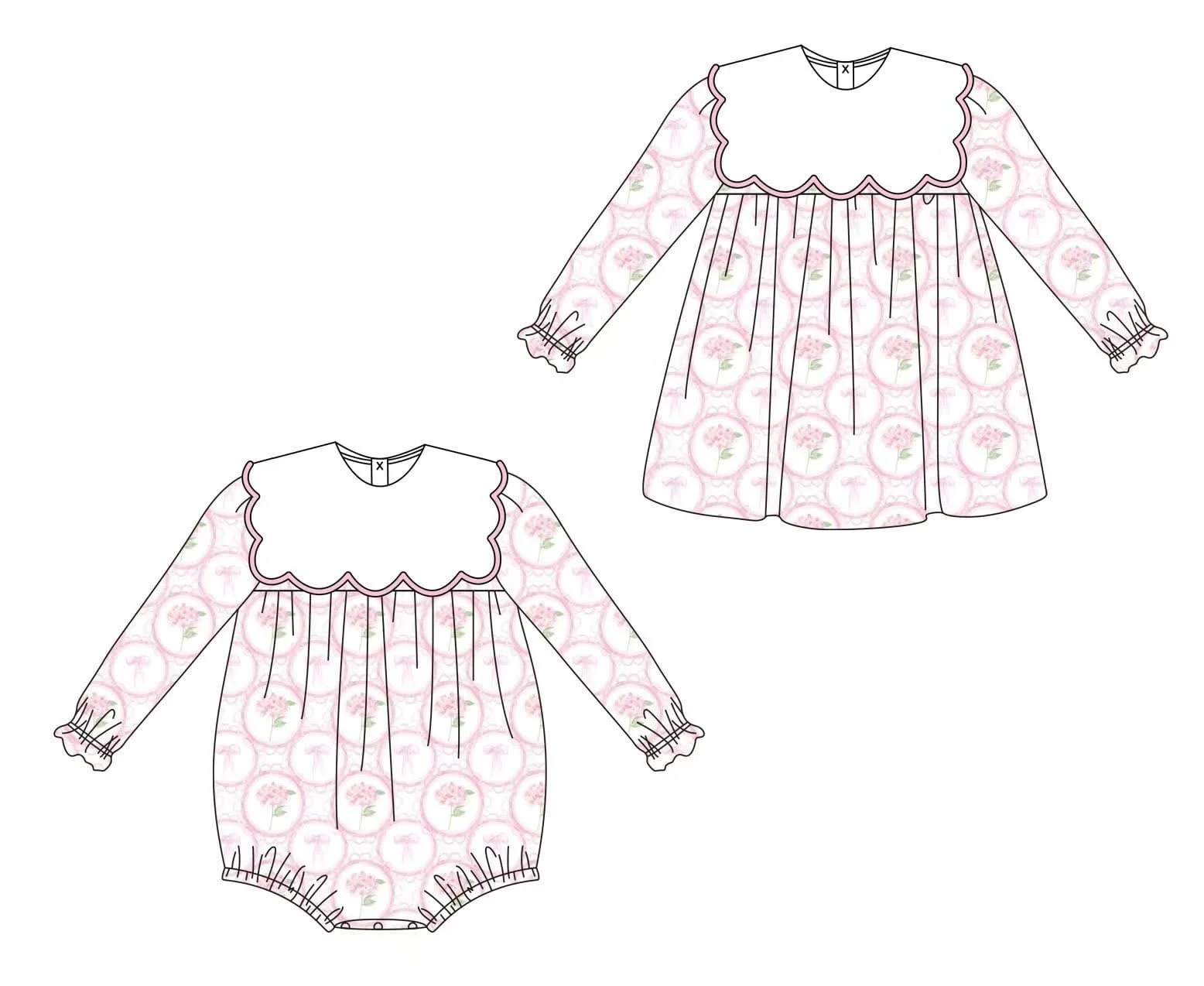 

The Peter Pan collar long-sleeved dress paired with a matching printed jumpsuit is made from wholesale milk silk fabric