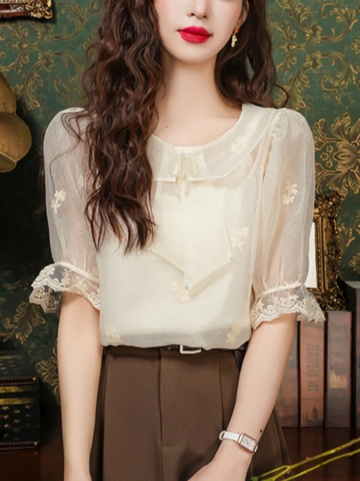 

Ele Unique Knot Five-Quarter Sve Chiffon irt Women's Summer Faion 2026 New Sle Slim Fit Cotton Blend