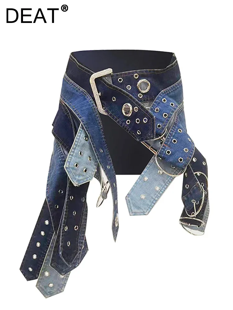 DEAT Women\'s Denim Skirt Low Waist Irregular Multiple Belts Hollow Out A-line Cool Mini Skirts 2024 Spring New Fashion 7AB767