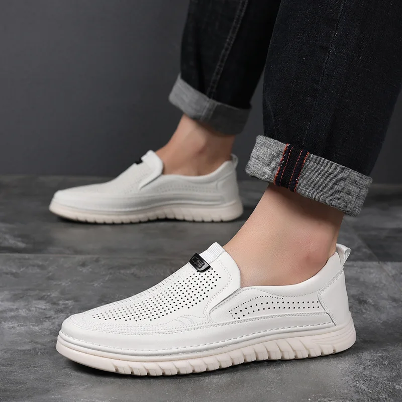 Men's Summer Hollow Out Perforated Dress Shoes Cow Leather Fashion Casual Spring Autumn New Designer Driving Shoes Male