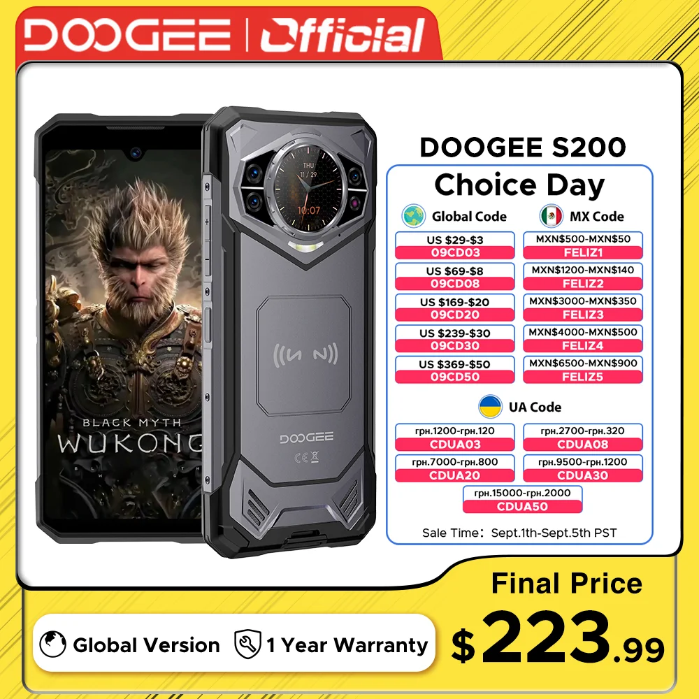 

World Premiere DOOGEE S200 5G Rugged Phone 6.72" 120Hz Display 12GB RAM 256GB ROM 100MP AI Main Camera 10100mAh Android 14 NFC