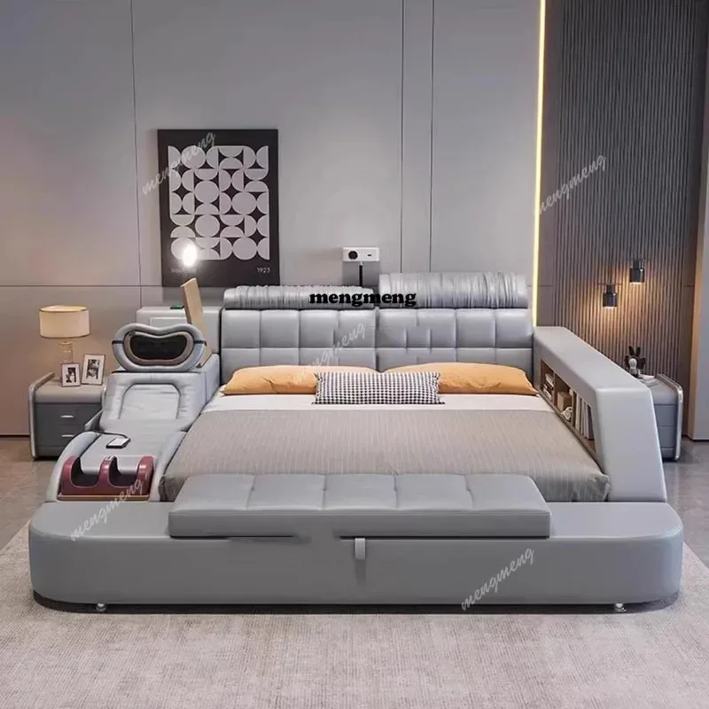 

Massager Leather Bed King Size Nordic Multifunctional Tatami Bed Nightstands Lounge Somieres Y Marcos De Cama Bedroom Furniture
