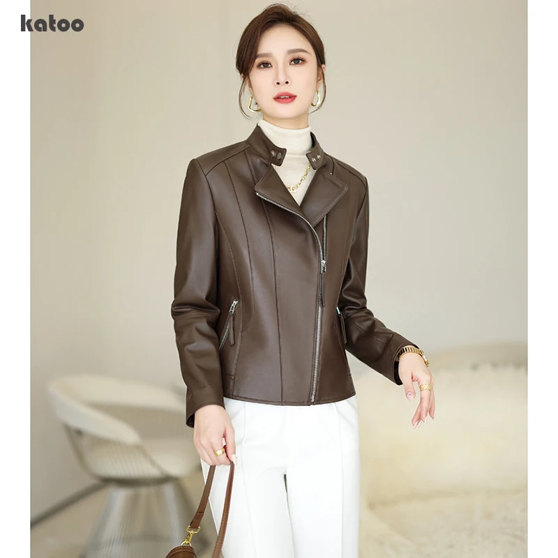

100% Sheepskin Coat Spring Autumn Women Fashion Stand Collar Zipper Slim Short Casual Moto Biker Leather Jacket Streewear