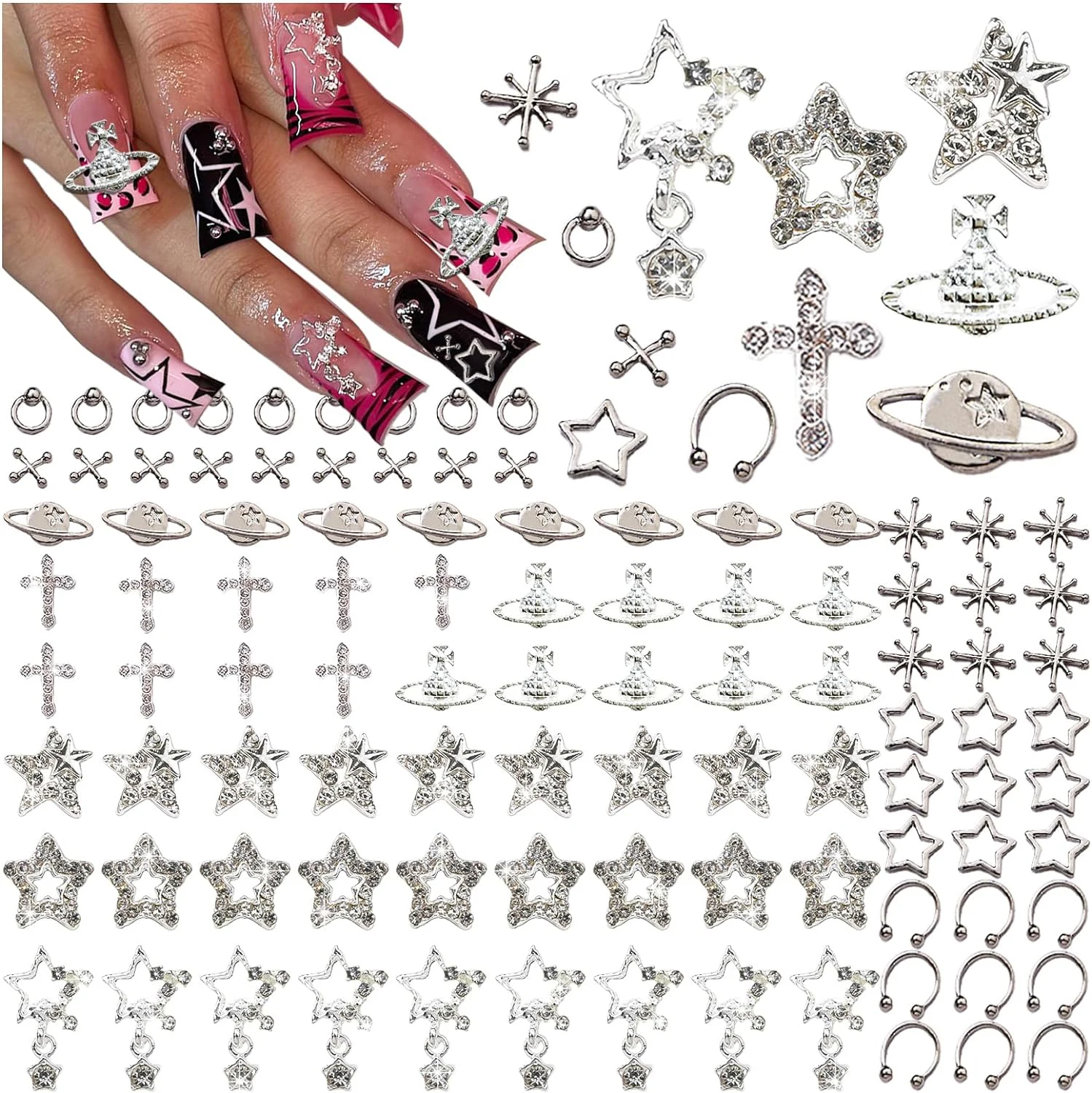 

110pc Star Nail Charms, Silver Star Planet Cross Alloy Nail Art Decoration