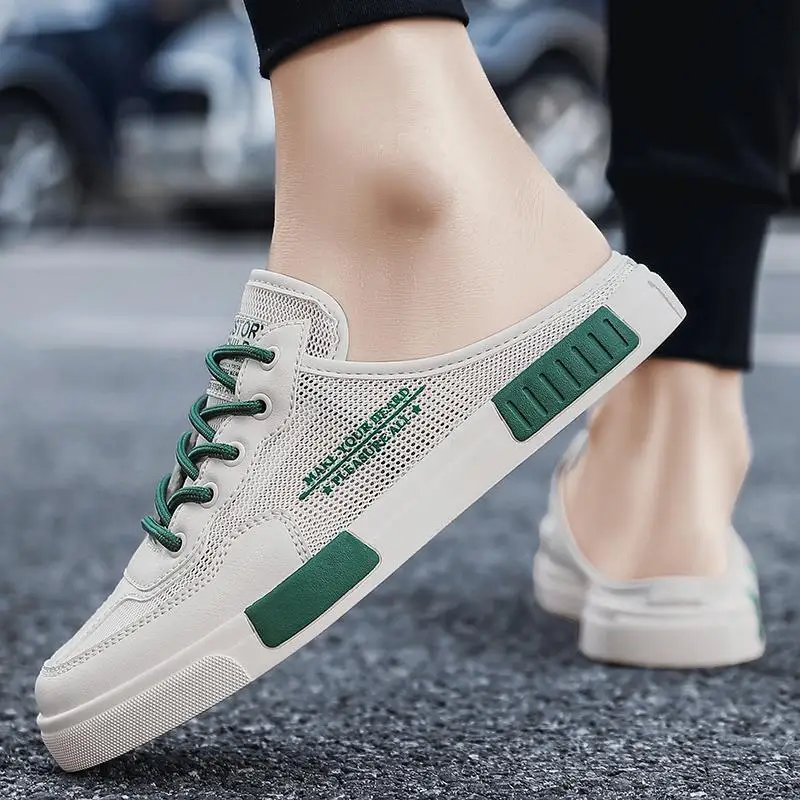 Men Mesh Backless Slip On Sneakers Breathable Leather Patch Mule Skate Shoes Non Slip Rubber Sole Casual Walking Half Slippers