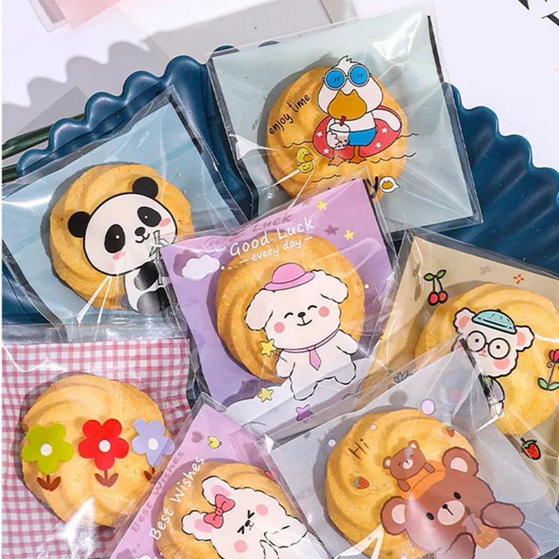 100 Stück 7x7cm/10x10cm Plastik Cartoon Selbstklebende Bäckerei-Verpackungsbeutel für Kekse Snacks Süßigkeiten Geburtstagsparty Geschenk – Detail 4