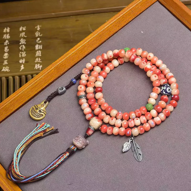 

Natural Half-Blood Camel Bone 108-Bead Buddhist Prayer Beads Necklace with Glazed Turquoise and Copper Clasp, Yak Bone