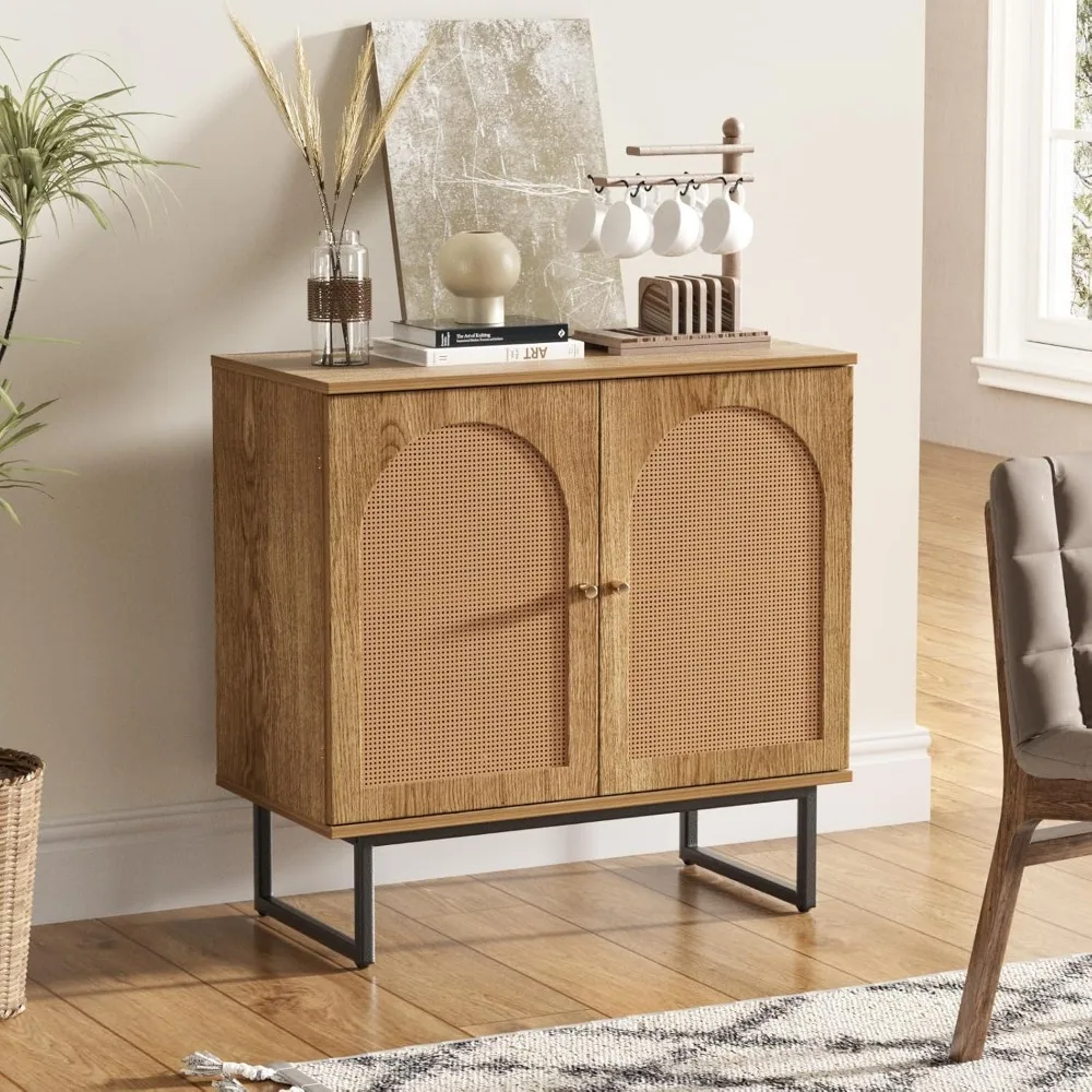 

Sideboard Buffet Cabinet with Rattan Doors, Boho Storage Cabinet with Metal Legs, Wooden Accent Furniture for Dining/Living