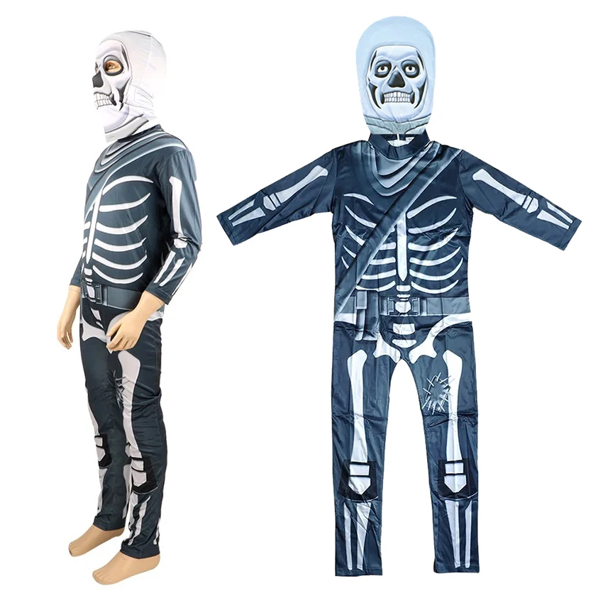 Scary Skull Trooper Jumpsuit Fancy Party Dress Skeleton Cosplay Role Play Halloween Costume for Kid Boy Festival Masquerade Mask