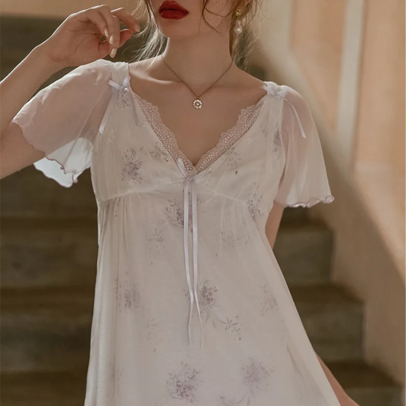 

Palace Style Princess Nightdress Female Long Nightgown Sleepwear Fairy Lace Mesh Nightwear Loose Home Dressing Gown Lounge Wear