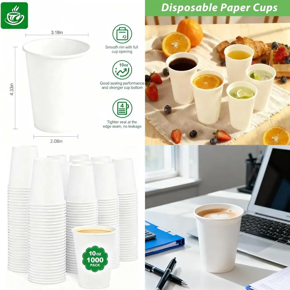 

1000 Pack 10oz Leakproof Disposable Paper Cups - Sturdy Cups for Hot/Cold Drinks, Ideal for Home, Office, Parties