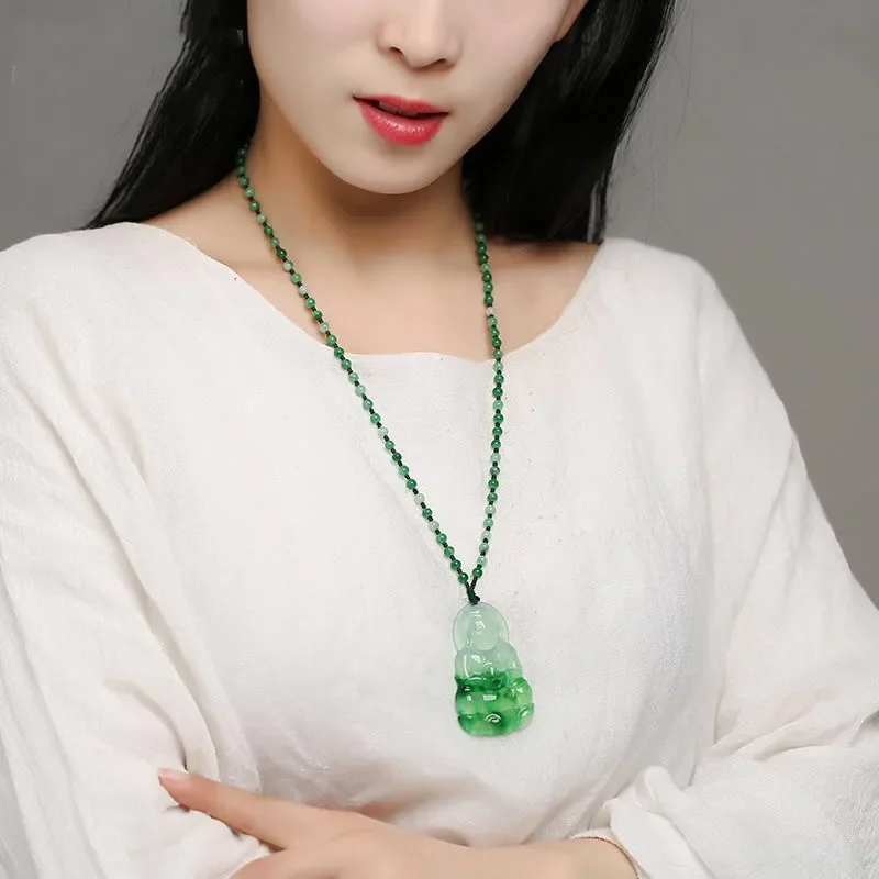 Carved Guanyin Jade Pendant Natural Chinese White Green Jadeite Bodhisattva Necklace Jewellery Fashion Amulet Man Luck Gifts