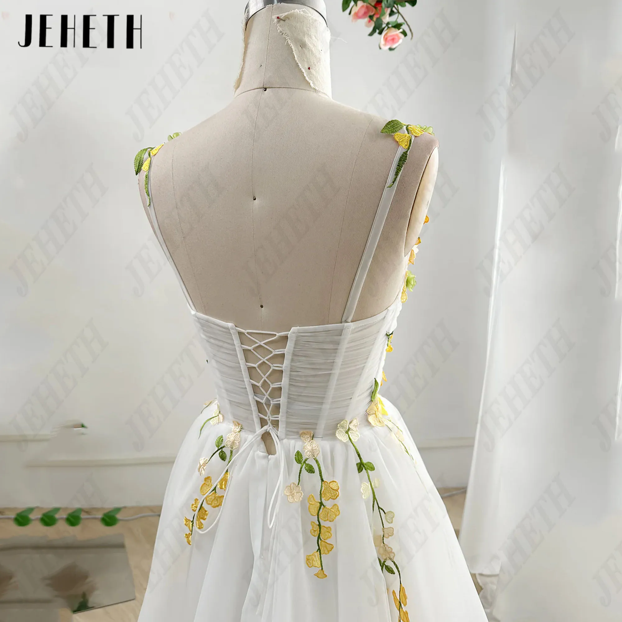 JEHETH Mini Flowers Prom Dress A-Line Embroidery Spaghetti Straps Tulle Lace Up Sleeveless Above Knee Backless Vestidos De Gala