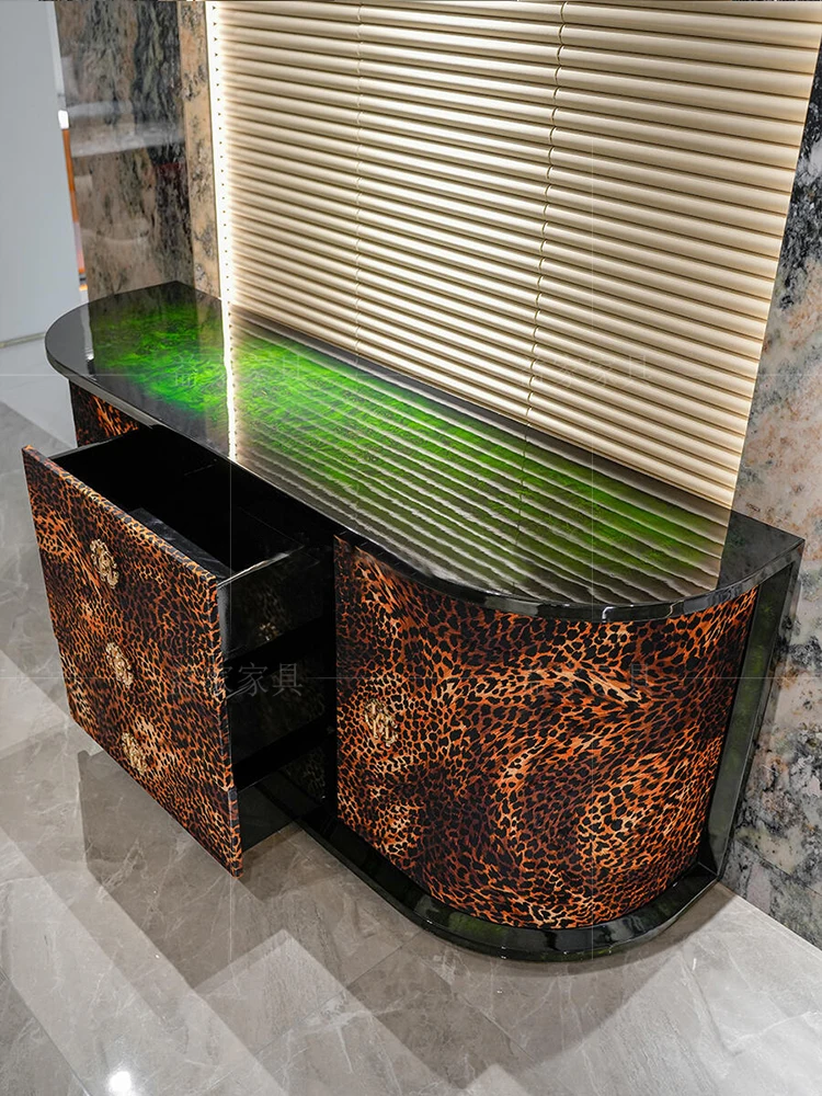 Robert postmodern neoclassical light luxury leopard-print fan-shaped oval four-door storage luxury stone TV cabinet