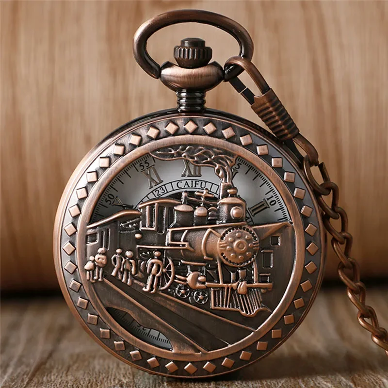 Black/Silver/Copper Men Women Mechanical Handwind Pocket Watch Locomotive Hollow Train Skeleton Clock Pendant FOB Chain reloj