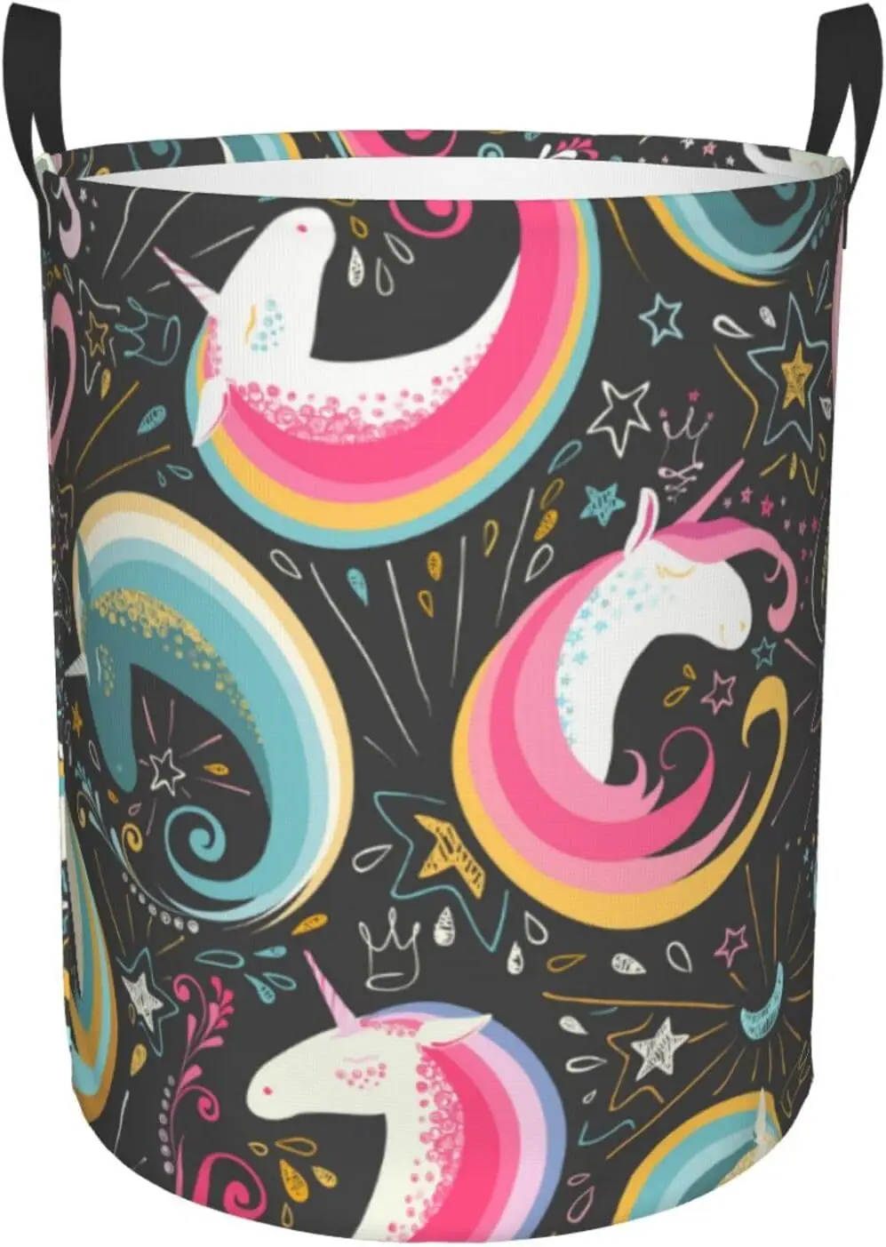 

Cute Unicorns Laundry Basket with Handle Waterproof Collapsible Cloth Hamper Round Storage Basket for Bathroom Bedroom College D