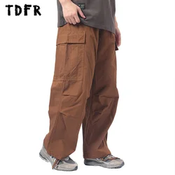 Pocket Cargo Joggers Pants Mens Pleated Casual Safari Style Solid Color Drawstring Elastic Waist Wide Leg Loose Trousers Men