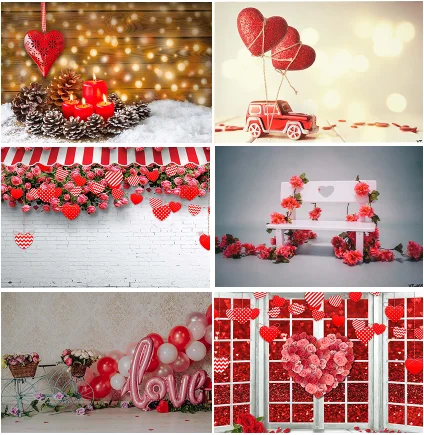 Fondo rojo con forma de corazón, decoración con globos, coches y nieve, ventana, flores, fiesta de boda, silla de pared de ladrillo, accesorios de fondo Bokeh