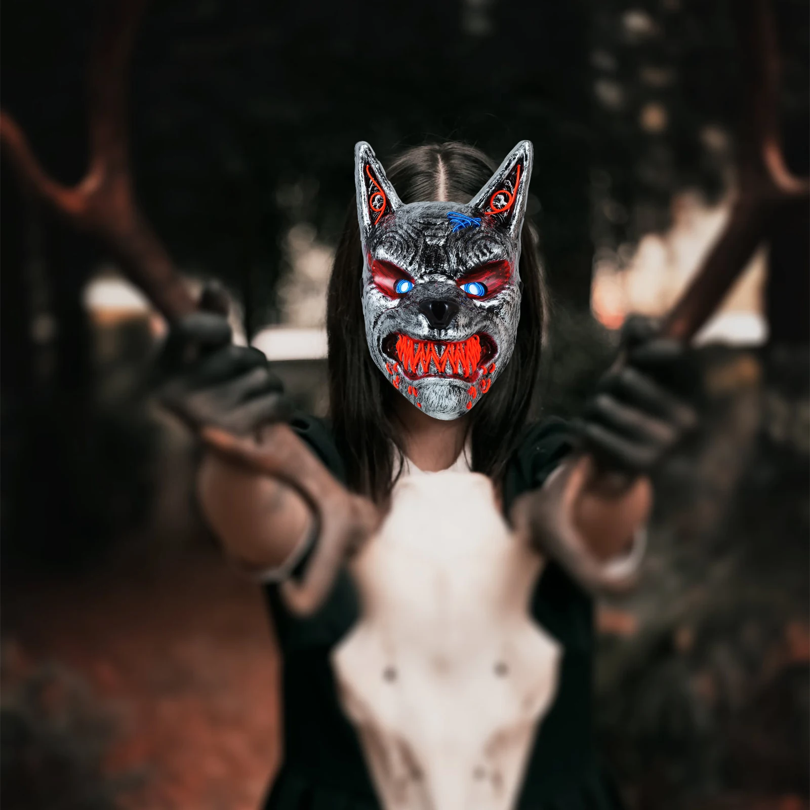 

1pc Glow Mask LED Wolf Head Halloween Scary Light Up Party Carnival Ghost Festival Costume Accessories Luminous Face for Adults