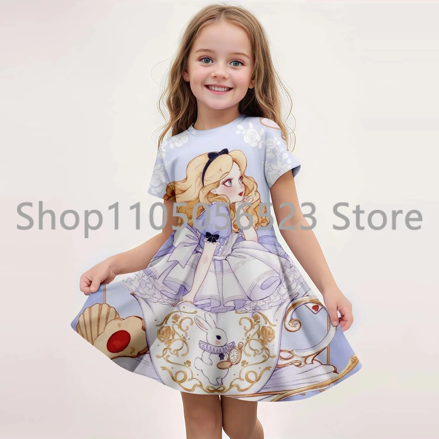 

MINISO New Summer Girls Dress Fashion Cartoon Cute Alice in Winderland 3D Printing Dress Kid Short Sleeve Princess Clothing