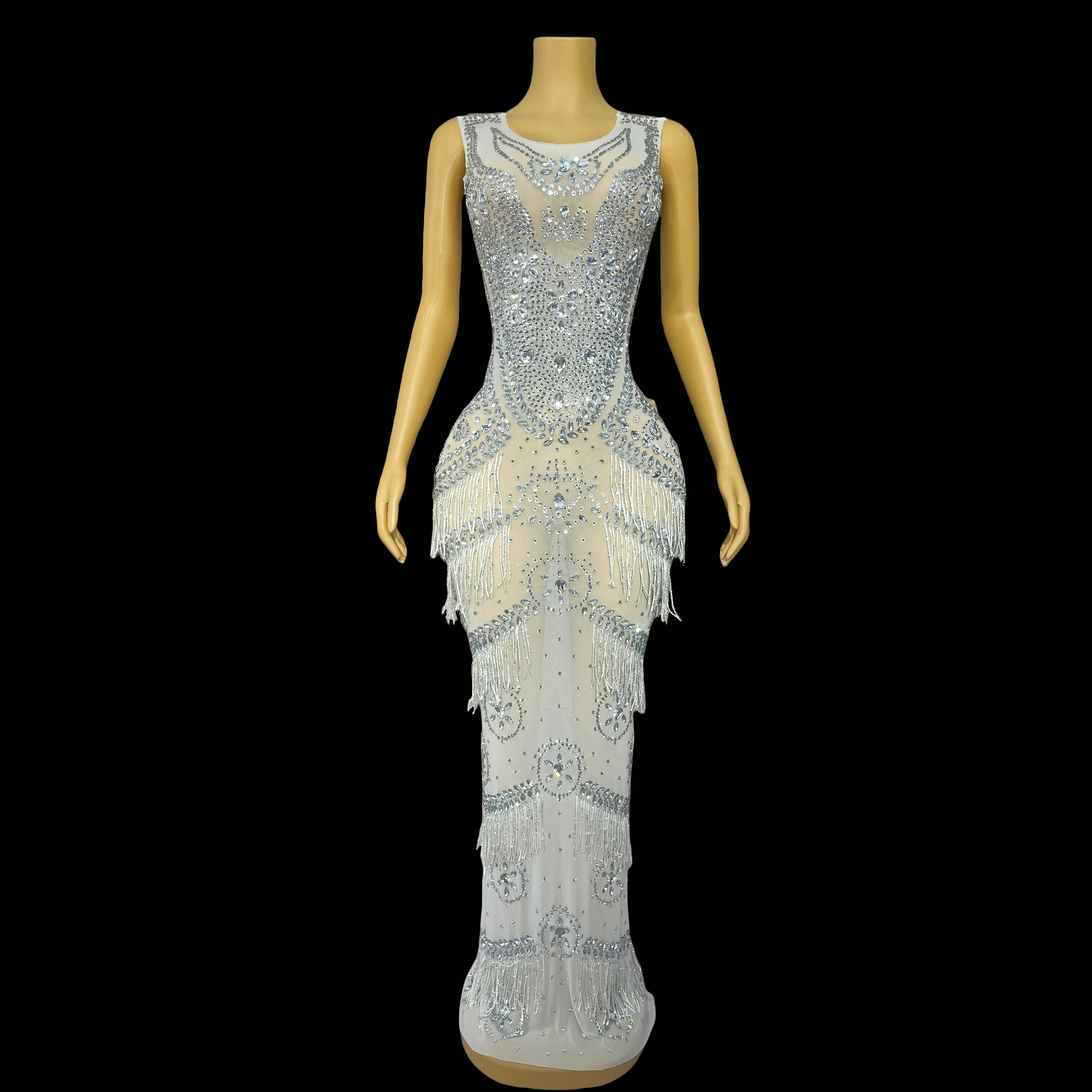

White noble with elegant glitter silver rhinestone tassel dress party red carpet party evening costume show costume Bailianyinsi