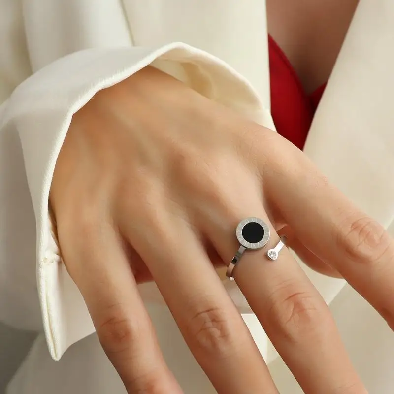 RAKOL High Quality Roman Numeral Black Shell Open Rings For Women 18k Gold Plating Titanium Steel Tail Ring Not Fading Jewelry image 6