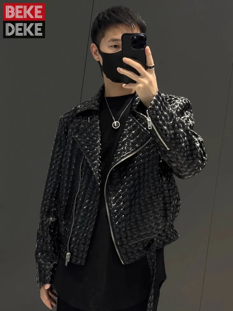 

Spring Autumn Mens Punk Jacket Fashion Casual Outerwear Zipper Turn-Down Collar Designer High Street Men Motorcycle Short Coat