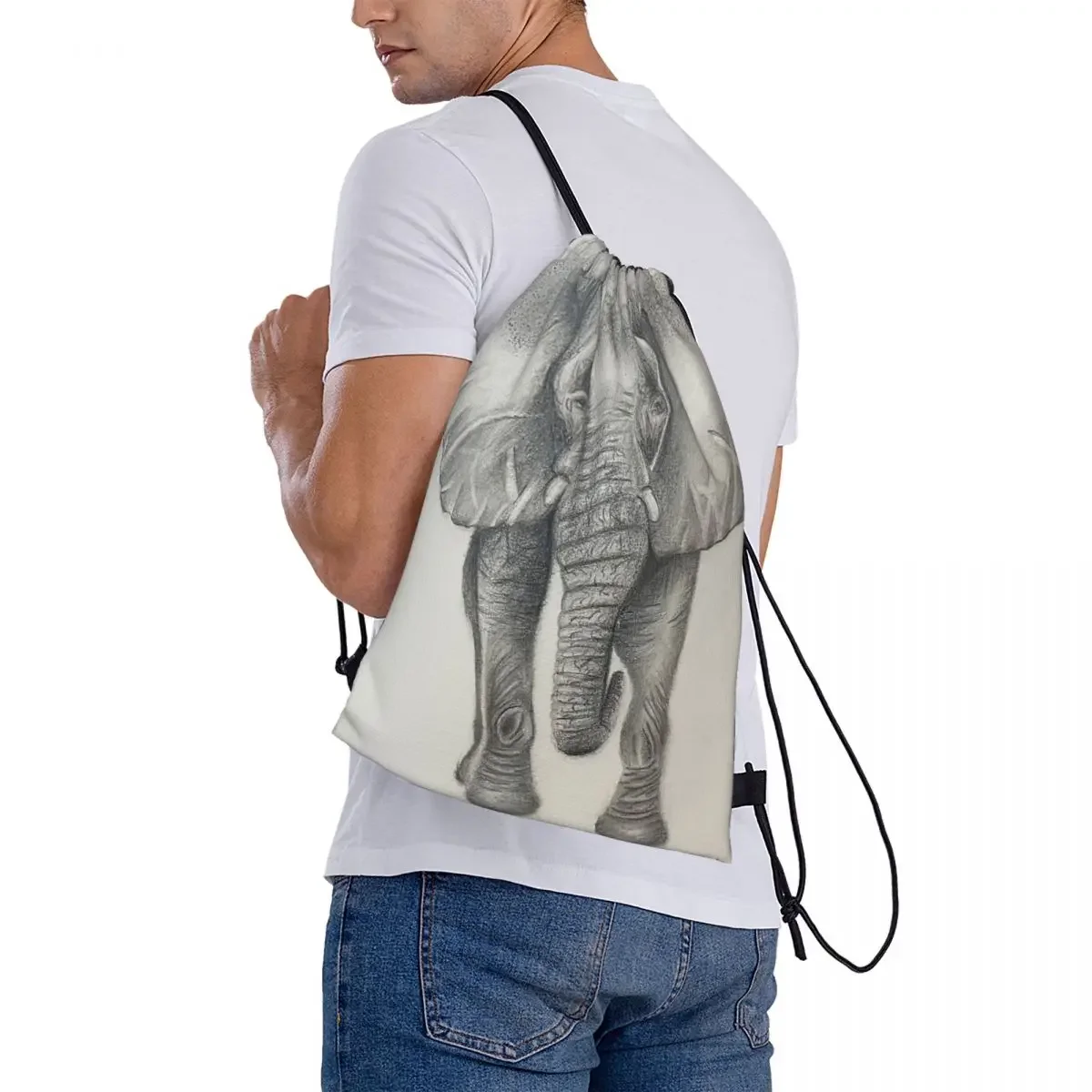 Mochilas de elefante en blanco y negro para hombre y mujer, bolsas portátiles con cordón, paquete de cordón, bolsa de almacenamiento de bolsillo, bolsa de libros para la escuela