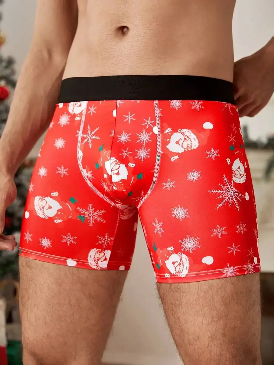 

Mens Christmas Print Boxer Briefs Allover Santa Snowflake Design Comfortable Casual Underwear