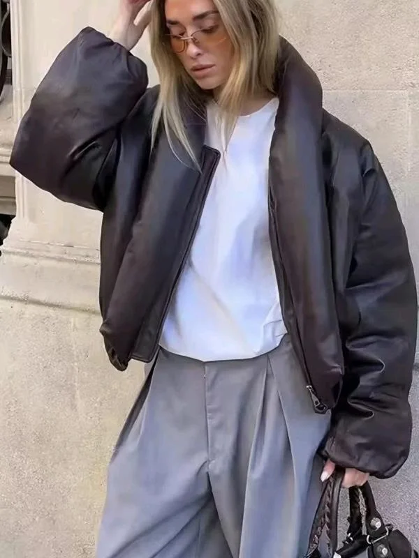 

Winter Women's Loose Fit Long Sve PU Leather Jaet Zipper Cotton Coat High Collar Anti-Oil ort Outerwear Ladies Faion