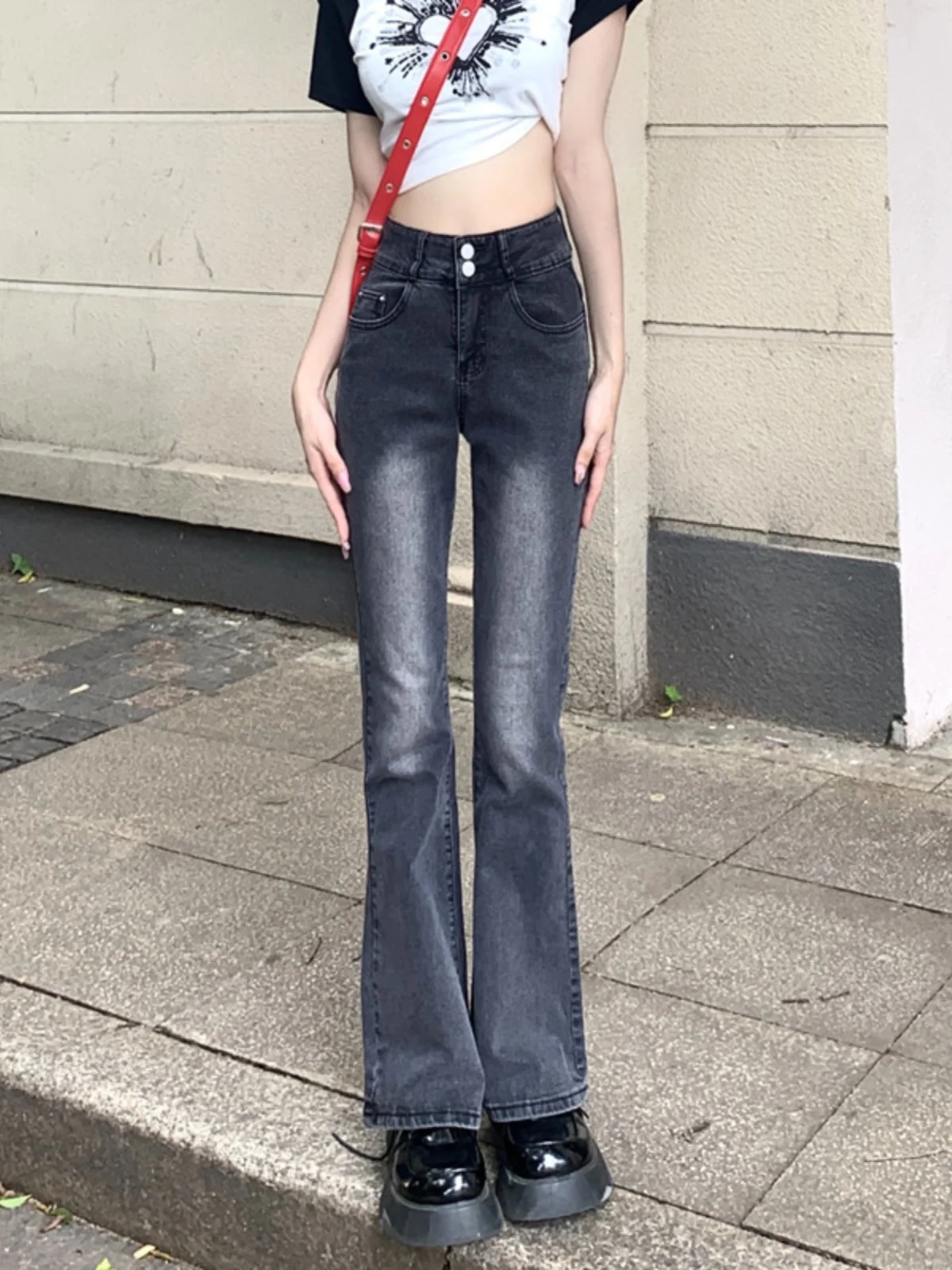 150 Petite girl high street retro bootcut jeans high waist straight slim fit xs tall nine points spring and summer style