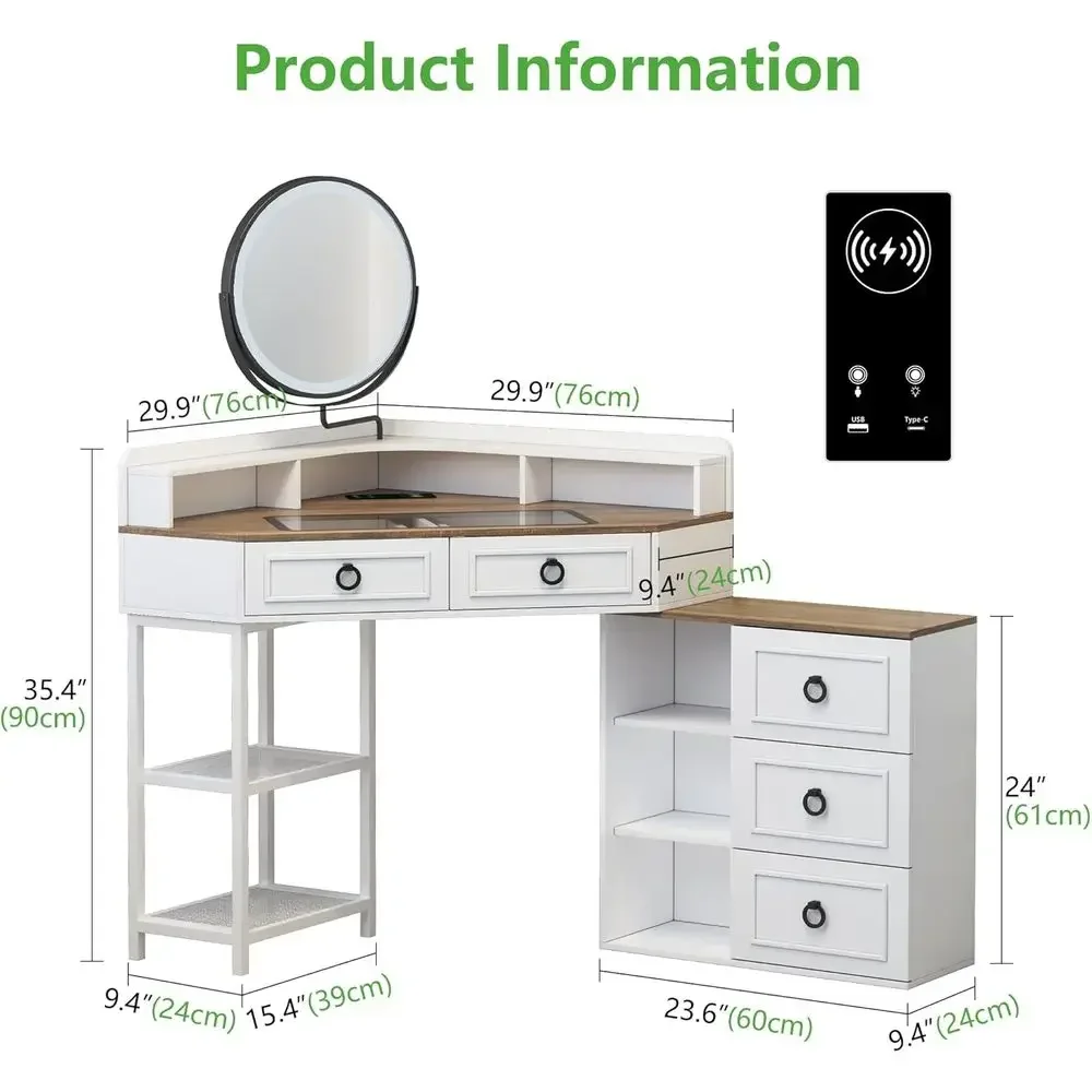 Illuminated Rotating Mirror Vanity Desk with Glass Top, 5 Drawers, Charging Station, Makeup Table for Bedroom, White