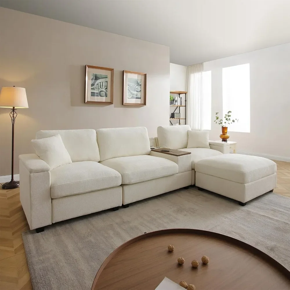 

L Shaped Sectional Couch with Ottoman, Deep Seat Modular Sofa with Storage Arms, 3 Seater, Living Room, 120"